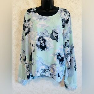 Calvin Klein Women's Blouse Long Sleeve Floral Blue Green Cross Over Hem Size XL